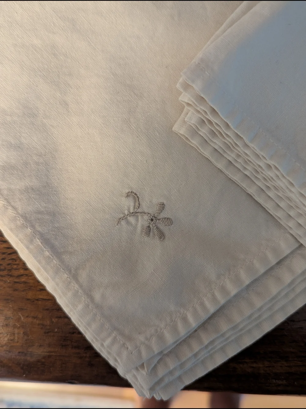 Cream Linen Tea Napkins Set of 8 Hand Embroidered Floral Satin Stitch 1950's